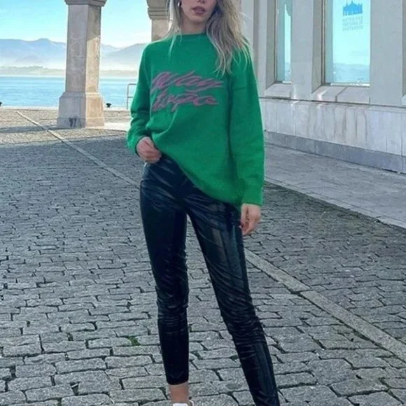 WAY TO GO graphic green pink long sleeve knit sweater top - Picture 4 of 10